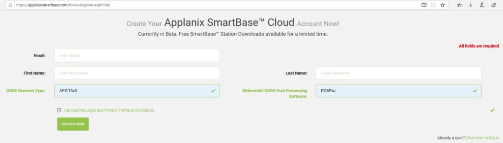 Applanix SmartBase Cloud signup