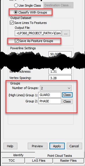 Powerlines Extractor PCT Groups Options