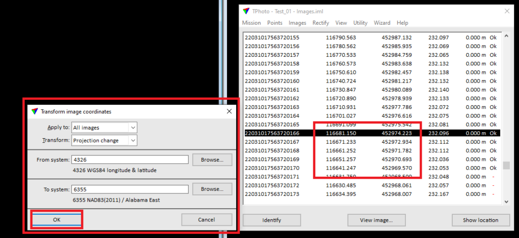 Transform TrueView image positions in TerraPhoto to project CRS